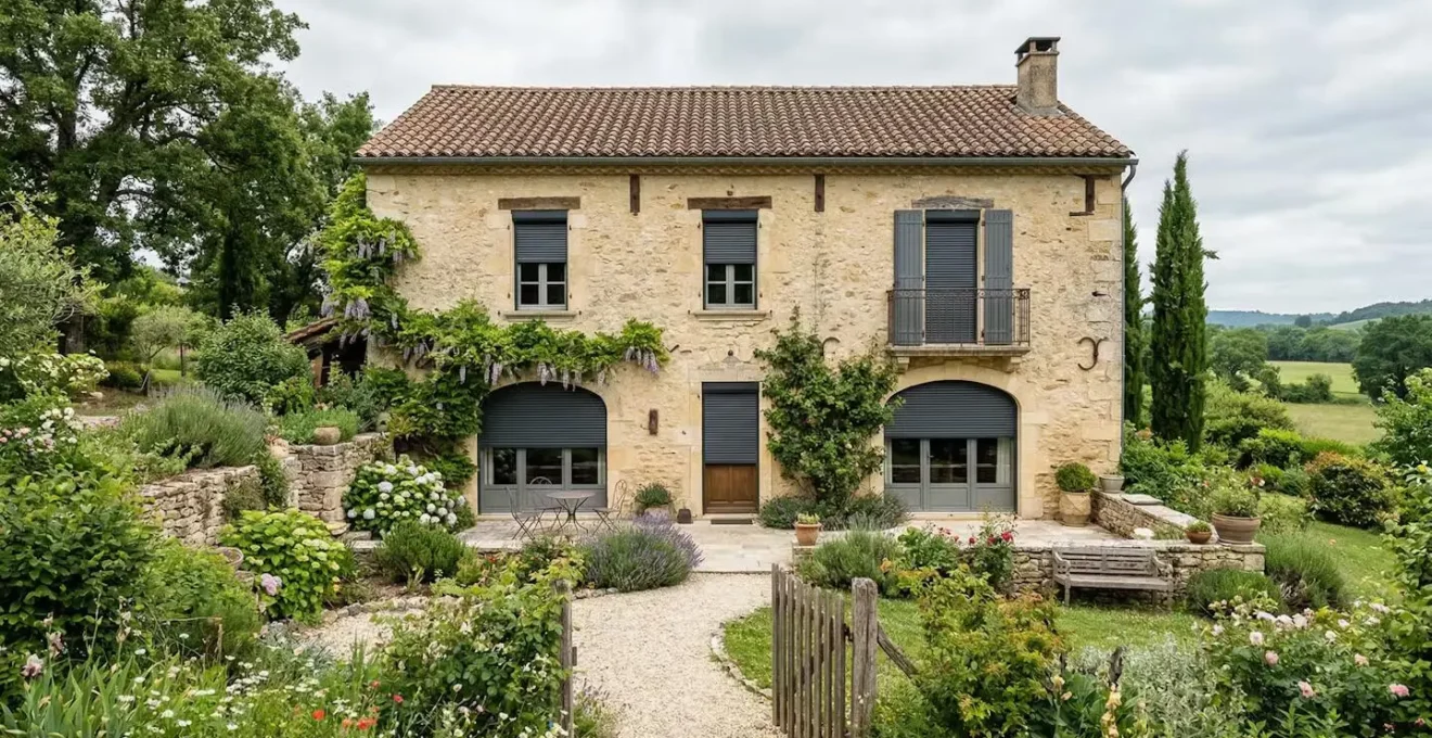 Façade maison française rénovée avec volets roulants aluminium gris anthracite fermés
