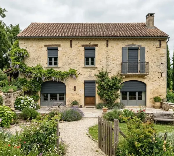 Façade maison française rénovée avec volets roulants aluminium gris anthracite fermés
