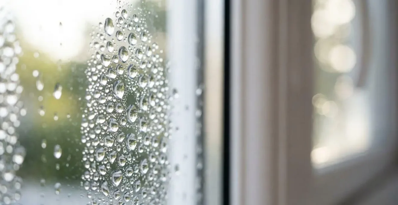 Gros plan sur des gouttes de condensation sur la vitre intérieure d'une fenêtre, avec un cadre en PVC visible en arrière-plan flou