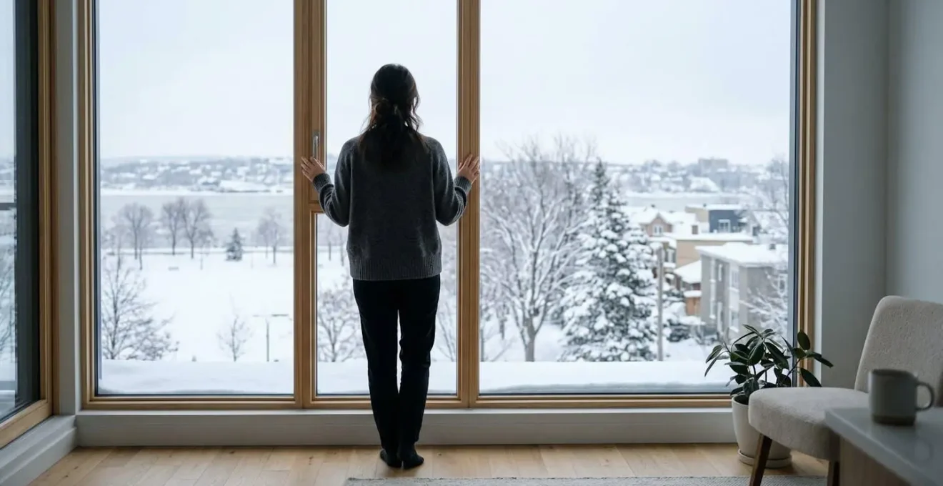 Personne de dos devant une grande fenêtre résidentielle en hiver, lumière naturelle froide entrant dans un intérieur québécois moderne