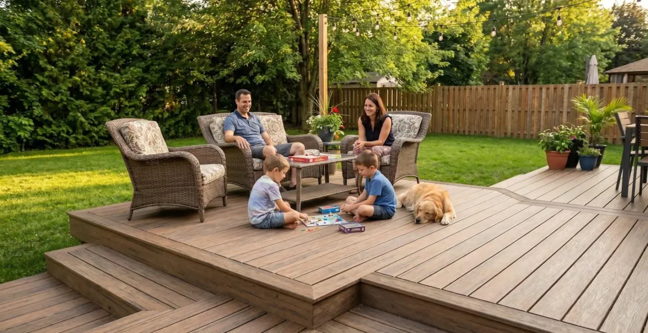 Famille profitant d'un patio sur mesure en composite TimberTech en été, résidence de la Rive-Nord au Québec
