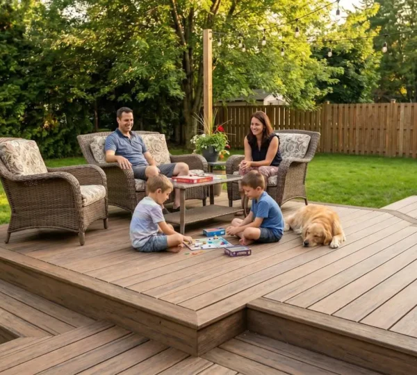 Famille profitant d'un patio sur mesure en composite TimberTech en été, résidence de la Rive-Nord au Québec