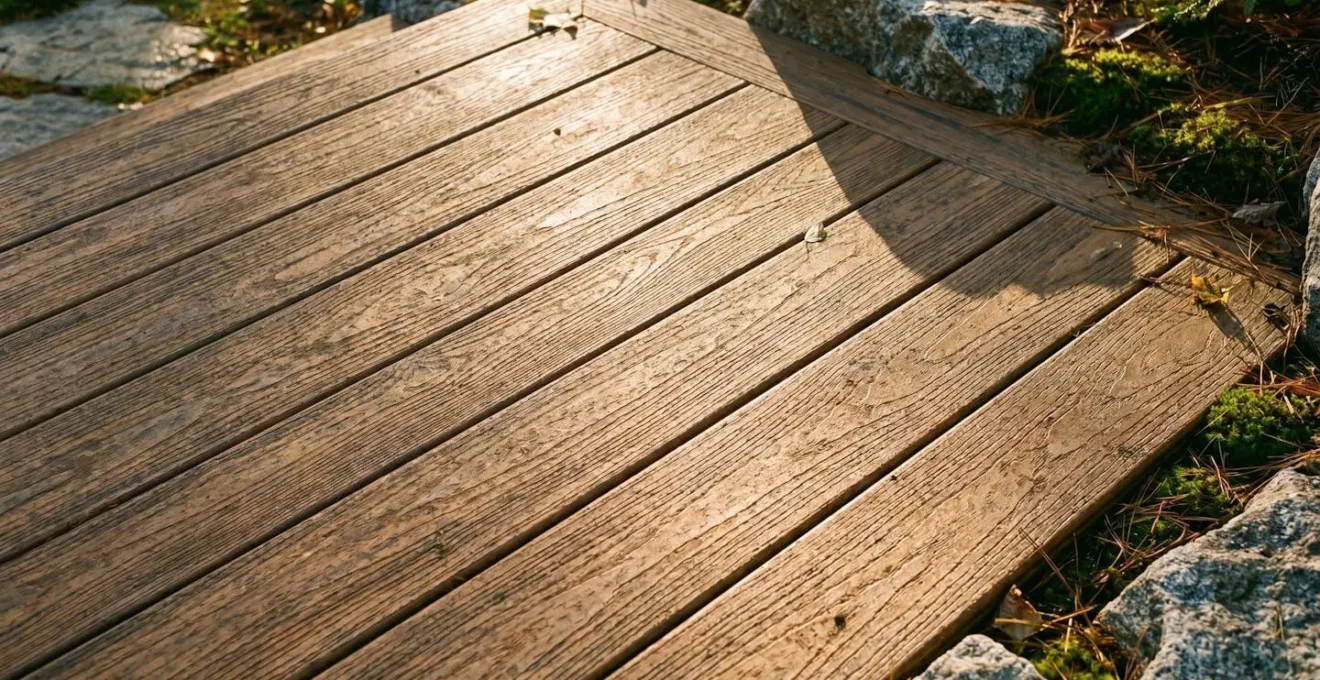 Gros plan sur des lames en composite TimberTech posées sur un patio extérieur au Québec, finition bois naturel