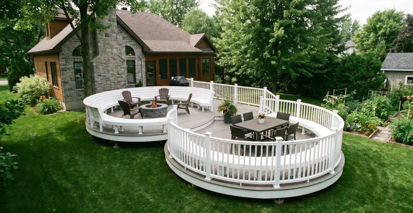Vue d'ensemble d'un patio sur mesure à deux niveaux avec banquette courbe en PVC Azek, jardin résidentiel sur la Rive-Nord