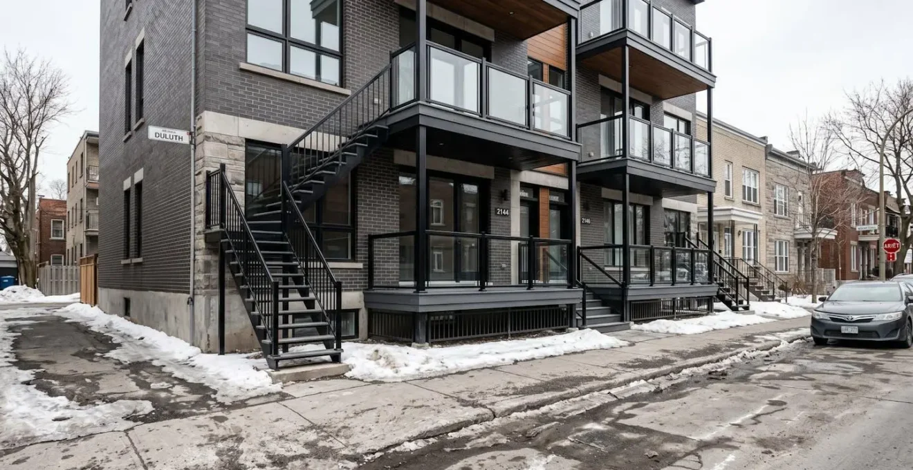 Balcon résidentiel en fibre de verre gris installé sur duplex montréalais en fin d'hiver, montrant la résistance du matériau aux conditions climatiques rigoureuses