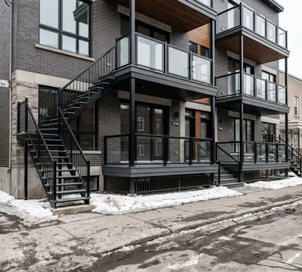 Balcon résidentiel en fibre de verre gris installé sur duplex montréalais en fin d'hiver, montrant la résistance du matériau aux conditions climatiques rigoureuses