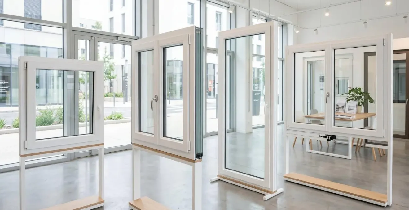 Échantillons de fenêtres PVC blanc avec différents profils et vitrages exposés dans showroom de menuiserie moderne lumineux avec grandes baies vitrées