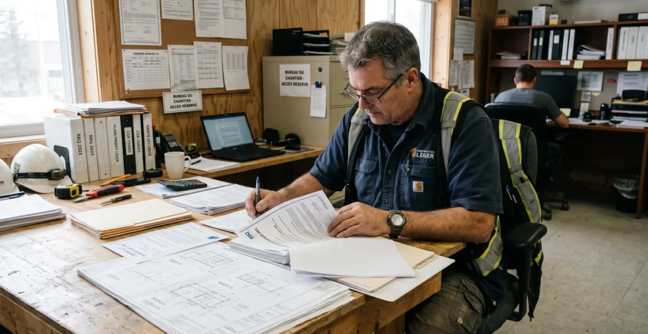 Entrepreneur spécialisé consultant des documents de conformité RBQ et normes CSA dans un bureau de construction professionnel