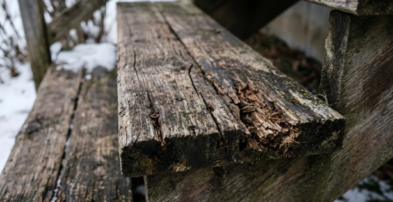 Escalier extérieur en bois traité montrant des signes de dégradation : fissures, décoloration et pourriture causées par les cycles gel/dégel