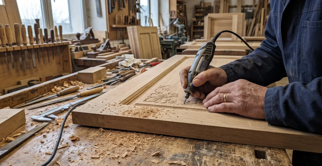 Mains d'artisan utilisant un outil Dremel pour graver un panneau de bois sur un établi d'atelier, avec copeaux de bois visibles