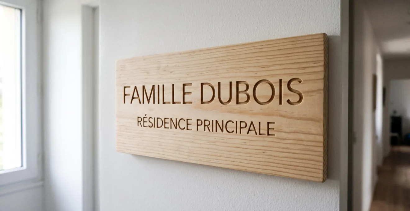 Panneau de porte minimaliste en pin clair avec typographie sobre gravée, monté sur porte blanche dans un intérieur contemporain