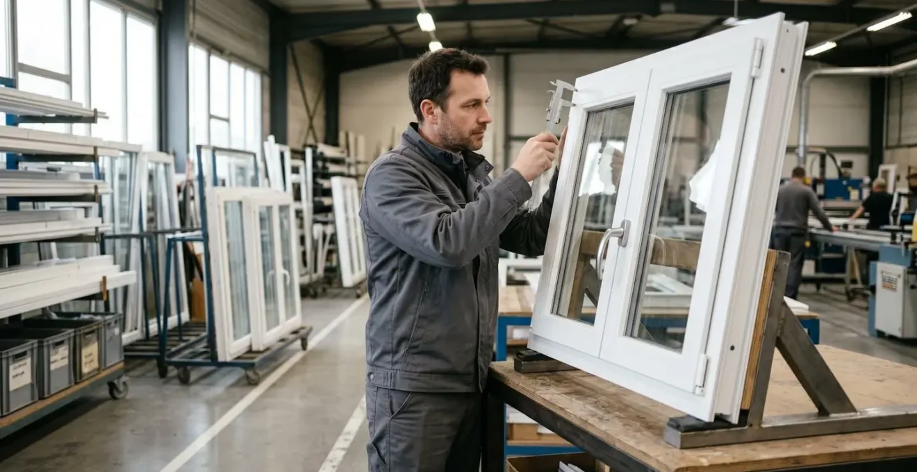Technicien contrôle qualité inspectant une fenêtre PVC double vitrage sur établi dans atelier de fabrication de menuiserie industrielle moderne avec outils de mesure