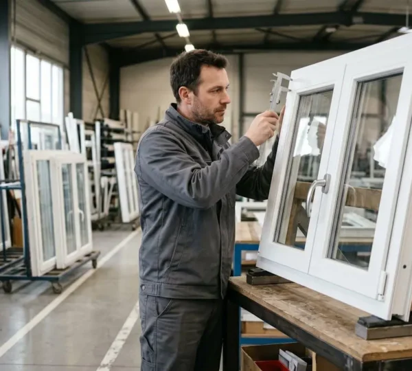 Technicien contrôle qualité inspectant une fenêtre PVC double vitrage sur établi dans atelier de fabrication de menuiserie industrielle moderne avec outils de mesure